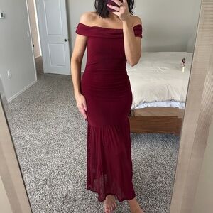 Maroon off the shoulder maxi dress
